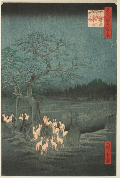 Silvester-Fuchsfeuer am Wechselbaum (Ōji shozoku enoki omisoka no kitsunebi), aus der Serie Hundert berühmte Ansichten von Edo (Meisho Edo hyakkei) von Utagawa Hiroshige