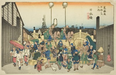 Nihonbashi: Prozession Abfahrt, aus der Serie "Dreiundfünfzig Stationen der Tokaido-Straße," auch bekannt als Hoeido Tokaido von Utagawa Hiroshige