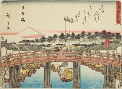 Nihonbashi, aus der Serie "Dreiundfünfzig Stationen des Tokaido (Tokaido gojusan tsugi)," auch bekannt als die Tokaido mit Gedicht (Kyoka iri Tokaido) von Utagawa Hiroshige