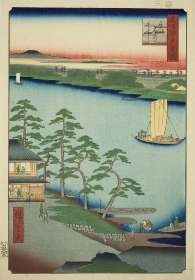 Niijuku-Fähre (Niijuku no watashi), aus der Serie "Hundert berühmte Ansichten von Edo (Meisho Edo hyakkei)" von Utagawa Hiroshige