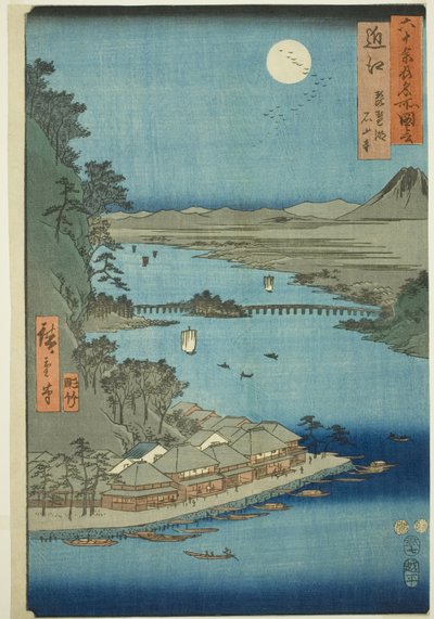 Provinz Omi: Biwa-See und Ishiyama-Tempel (Omi, Biwako Ishiyamadera), aus der Serie "Berühmte Orte in den sechzig Provinzen (Rokujuyoshu meisho zue)" von Utagawa Hiroshige