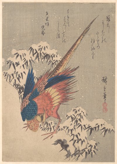 Fasan unter schneebeladenem Bambus am Hang von Utagawa Hiroshige