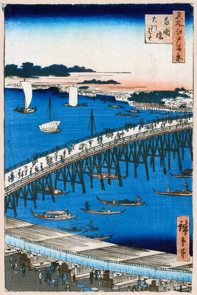 Flussufer an der Ryogoku-Brücke Hundert berühmte Ansichten von Edo, 1856-1858 von Utagawa Hiroshige