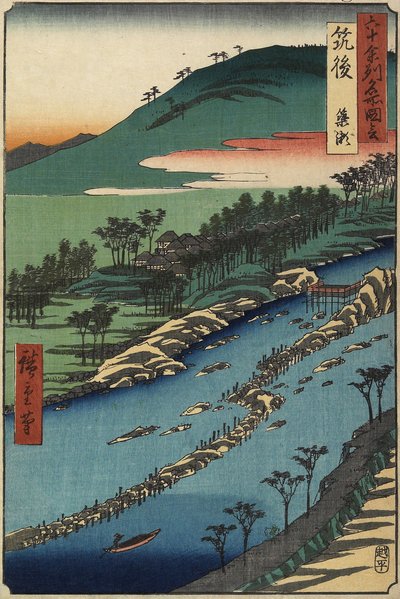 Fluss mit Fischfallen, Provinz Chikugo, September 1855 von Utagawa Hiroshige