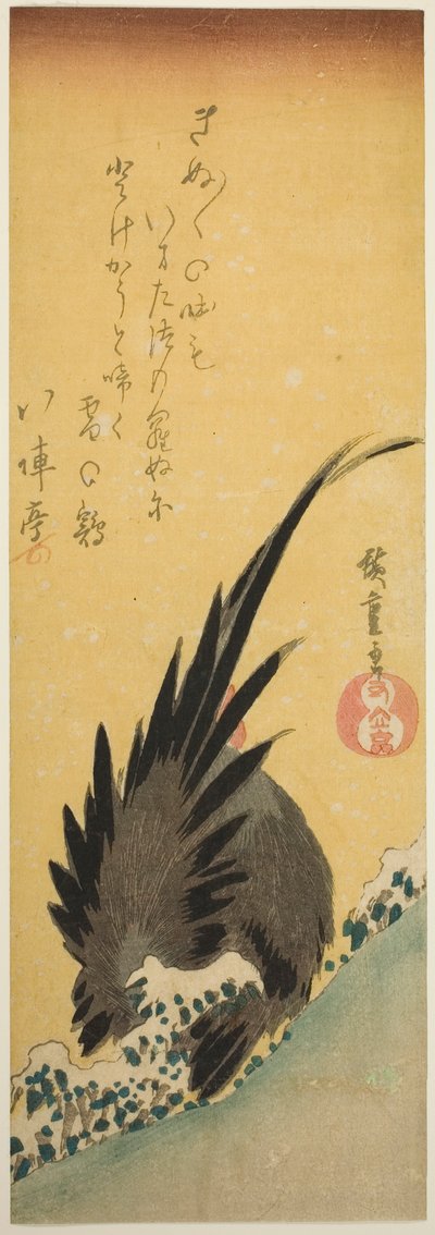 Hahn auf einem Hügel im Winter von Utagawa Hiroshige