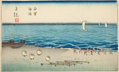 Shirosato-Strand in der Provinz Kazusa (Kazusa Shirosato kaihin), Abschnitt des Blattes Nr. 7 aus der Serie "Ausschnittbilder der Provinzen (Kunizukushi harimaze zue)" von Utagawa Hiroshige