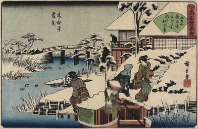 Schneeszene am Mokubo-ji Tempel und dem Restaurant Uekiya, ca. 1835-1842 von Utagawa Hiroshige