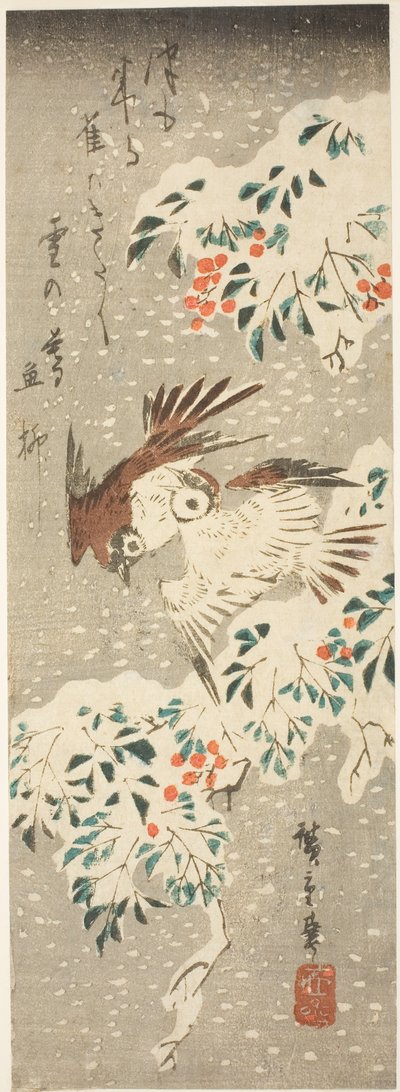 Spatzen flattern um schneebedeckte Nandina, während mehr Schnee fällt von Utagawa Hiroshige