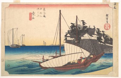 Station Dreiundvierzig: Kuwana, Sieben-Ri-Fähre am Hafen, aus den Dreiundfünfzig Stationen des Tokaido von Utagawa Hiroshige