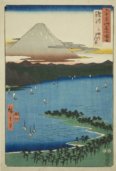 Provinz Suruga: Der Kiefernwald bei Miho (Suruga, Miho no matsubara), aus der Serie "Berühmte Orte in den sechzig Provinzen (Rokujuyoshu meisho zue)" von Utagawa Hiroshige