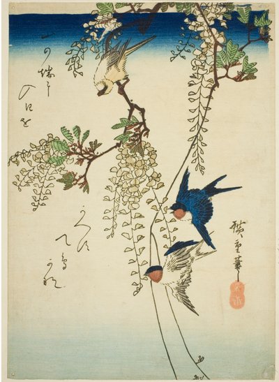 Schwalbe, gelber Vogel und Glyzinie von Utagawa Hiroshige
