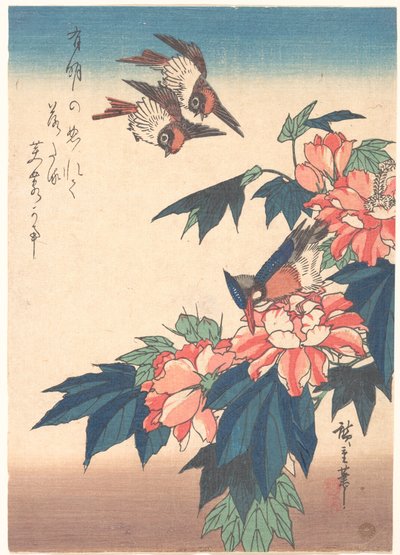 Schwalben und Eisvogel mit Roseneibisch von Utagawa Hiroshige