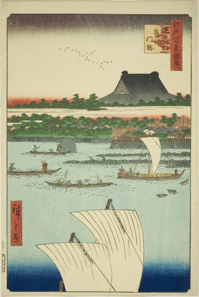Teppozu und Tsukiji Honganji Tempel (Teppozu Tsukiji Monzeki), aus der Serie "Ergänzung zu den Hundert berühmten Ansichten von Edo (Edo hyakkei yokyo)" von Utagawa Hiroshige