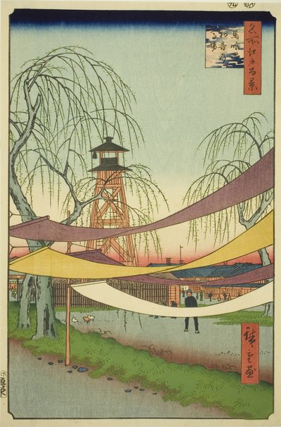 Die Hatsune-Reitplätze in Bakuro-cho (Bakuro-cho Hatsune no Baba), aus der Serie "Hundert berühmte Ansichten von Edo (Meisho Edo hyakkei)" von Utagawa Hiroshige