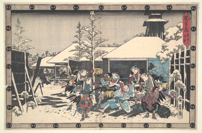 Die loyale Liga der siebenundvierzig Rōnin, Akt XI, Nr. 3: Der nächtliche Angriff Moronao von den Rōnin ergriffen von Utagawa Hiroshige