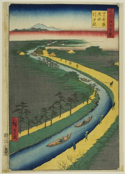 Schleppboote entlang des Yotsugidori-Kanals (Yotsugidori yosui hikifune), aus der Serie "Hundert berühmte Ansichten von Edo (Meisho Edo hyakkei)" von Utagawa Hiroshige