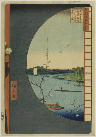 Blick von Massaki auf den Suijin-Schrein, Uchigawa-Inlet und Sekiya, aus der Serie "Hundert berühmte Ansichten von Edo" von Utagawa Hiroshige