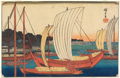 Blick auf Boote bei der Einfahrt in den Hafen von Tsukudajima von Utagawa Hiroshige
