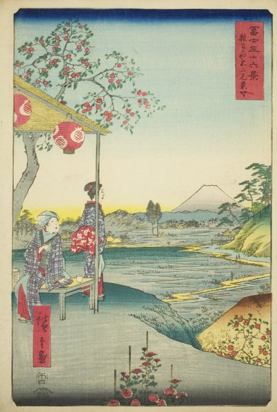 Blick auf den Berg Fuji von einem Teehaus in Zoshigaya (Zoshigaya Fujimi chaya), aus der Serie "Sechsunddreißig Ansichten des Berges Fuji (Fuji sanjurokkei)" von Utagawa Hiroshige