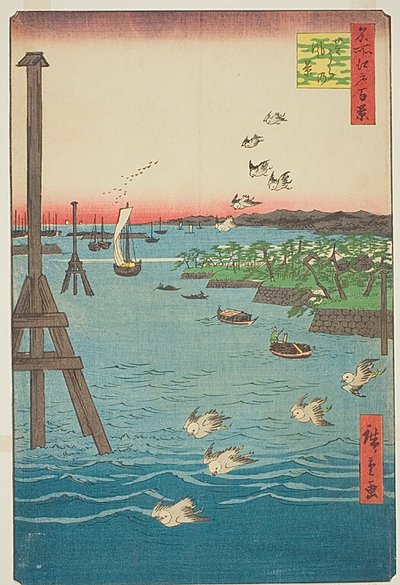 Blick auf die Shiba-Küste, mit hellblauem Wasser, Nr. 108 aus der Serie Hundert berühmte Ansichten von Edo von Utagawa Hiroshige