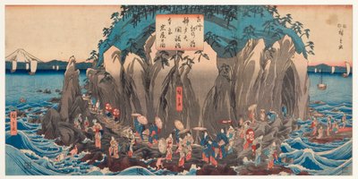Ansicht einer Pilgerreise zur Höhle und zum Schrein von Benzaiten in Enoshima, Sagami, ca. 1850-51 von Utagawa Hiroshige