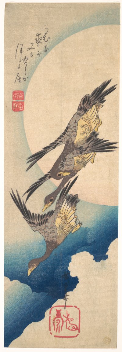 Wildgänse fliegen unter dem Vollmond von Utagawa Hiroshige