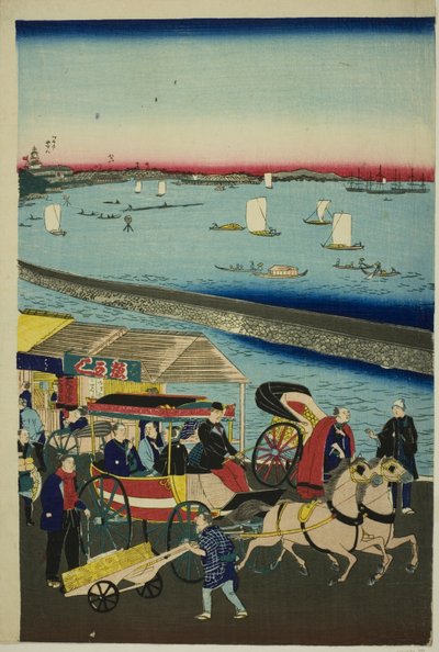 Bild der Dampflokbahn in Yatsuyama, Tokio (Tokyo Yatsuyama shita kaigan jokisha tetsudo no zu) von Utagawa Hiroshige III