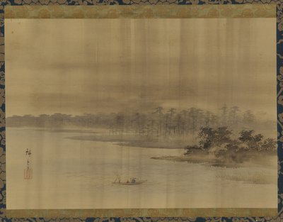Flusslandschaft und Tempel im Regen von Utagawa Hiroshige II