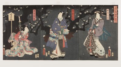 Genießen der Pflaumenblüten im Frühlingsnebel: Sodenokō (R), Ashikaga Mitsuuji (C), und Katsuragi (L) von Utagawa Kunisada