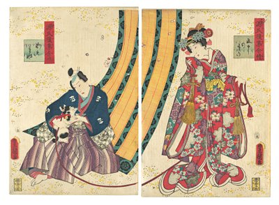Parodie der dritten Prinzessin und Kashiwagi: „Kapitel 50: Eine Hütte im Osten“, 1858, zweiter Monat von Utagawa Kunisada