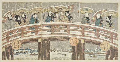 Winterszene mit Glück verheißenender Schauspielerprozession von Utagawa Kunisada