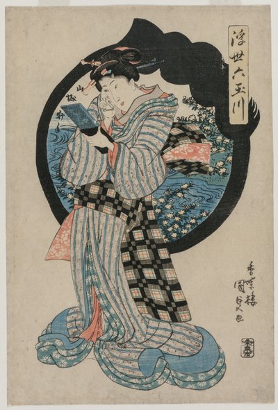 Frau mit einem Handspiegel aus der Serie Die sechs Tama-Flüsse der schwebenden Welt von Utagawa Kunisada