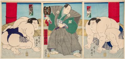 Kampf der Sumo-Ringer Shakaigawa und Ayasemawa von Utagawa Kuniteru
