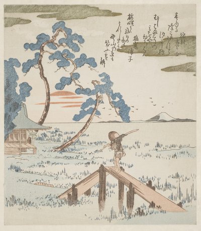 Ein Bauer überquert eine Fußbrücke von Utagawa Kuniyoshi