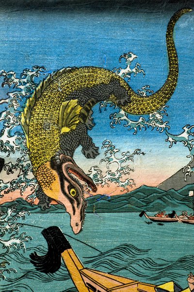 Asahina Yoshihides Kampf mit zwei Krokodilen im Meer vor Kamakura Kotsubo von Utagawa Kuniyoshi