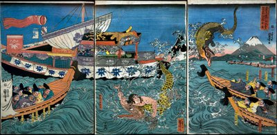 Asahina Yoshihides Kampf mit zwei Krokodilen im Meer vor Kamakura Kotsubo von Utagawa Kuniyoshi