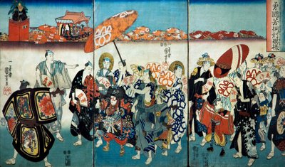 Tapferer Kuniyoshi mit seinem Paulownia-Design (Isamashiki Kuniyoshi kiri no tsuimoyō) 1848 von Utagawa Kuniyoshi