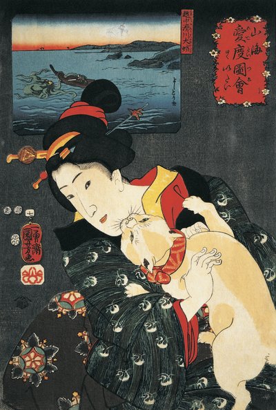 Nahaufnahme einer jungen Frau mit einer Katze in den Armen von Utagawa Kuniyoshi
