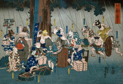 Komische Tiere suchen Schutz vor Regen (Dōke kemono no amayadori), ca. 1842 von Utagawa Kuniyoshi