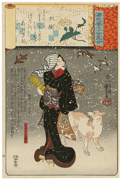 Dame der Abendgesichter (Yūgao): Yazamas Frau Orie, aus der Serie Szenen unter Genji-Wolken, abgestimmt mit Ukiyo-e-Bildern von Utagawa Kuniyoshi