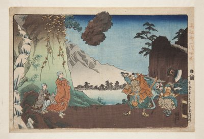 Nichiren und der schwebende Felsen am Berg Komuro am 28. Tag des fünften Monats 1274 von Utagawa Kuniyoshi