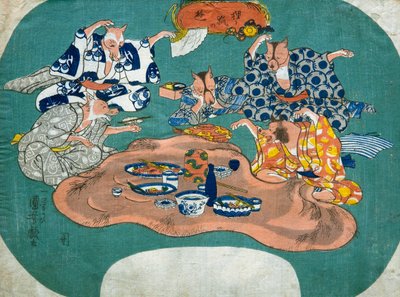 Waschbär und Fuchs beim Spielen, ca. 1842 von Utagawa Kuniyoshi
