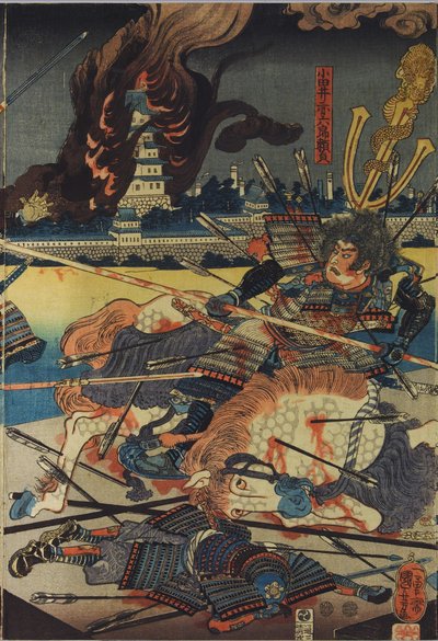 Blatt aus einem Farbholzschnitt-Triptychon mit dem Titel Shinshū Odai kassen no zu (Die Schlacht von Odai in der Provinz Shinano), das Odai Akarokurō Yorisada zeigt, wie er drei Männer aufspießt, während im Hintergrund seine Burg brennt: Japan, Edo, von Ut von Utagawa Kuniyoshi