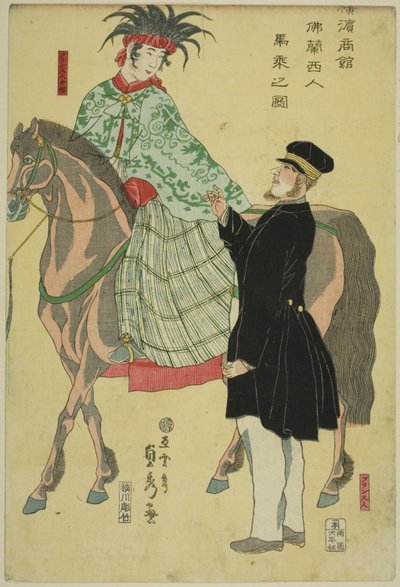 Händler von Yokohama: Französische Frau zu Pferd von Utagawa Sadahide