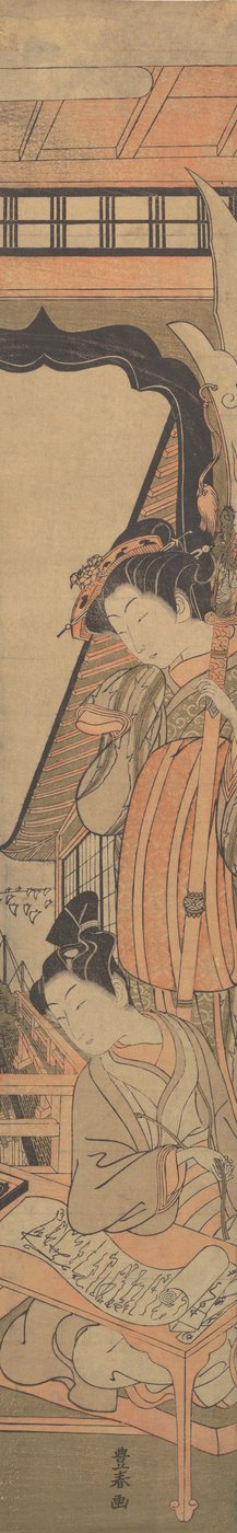 Eine Schönheit, die auf einen jungen Mann herabblickt, der einen Liebesbrief liest, ca. 1771 von Utagawa Toyoharu