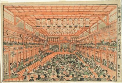Perspektivbild eines Kabuki-Theaters (Uki-e Kabuki shibai no zu) von Utagawa Toyoharu