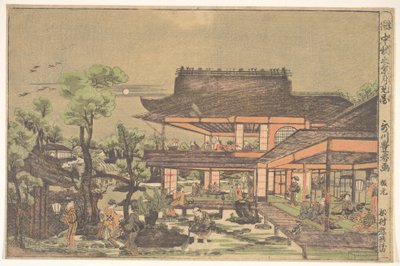 Teehaus; Szene mit dem Titel: "Den Mond im Herbst betrachten" von Utagawa Toyoharu