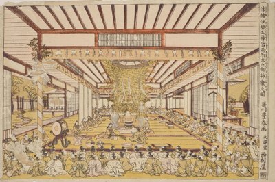 Perspektivische Ansicht des seit Generationen aufgeführten heiligen Kagura an beiden Heiligtümern des Großen Schreins von Ise von Utagawa Toyoharu