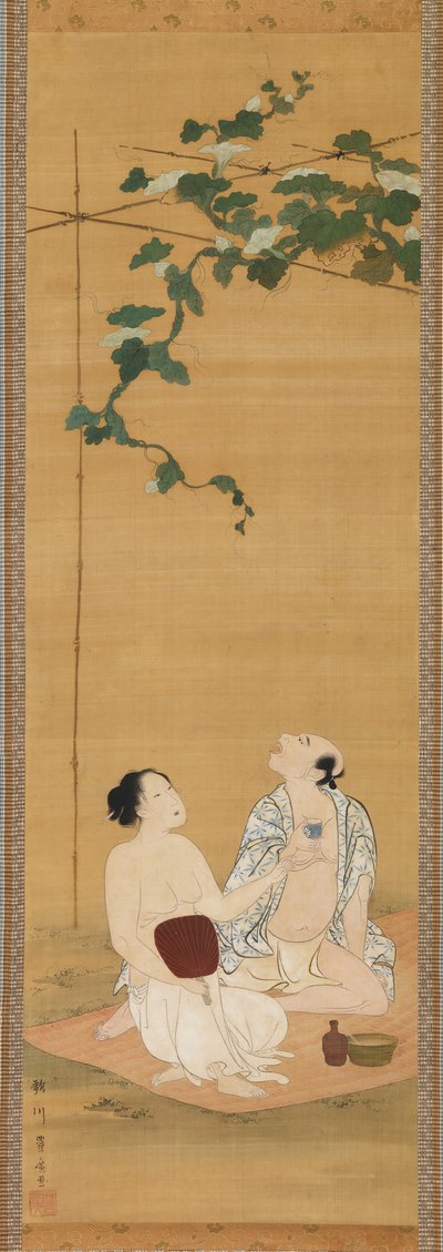 Den Abendkühle unter einem Kürbisgitter genießen, frühes 19. Jahrhundert von Utagawa Toyohiro