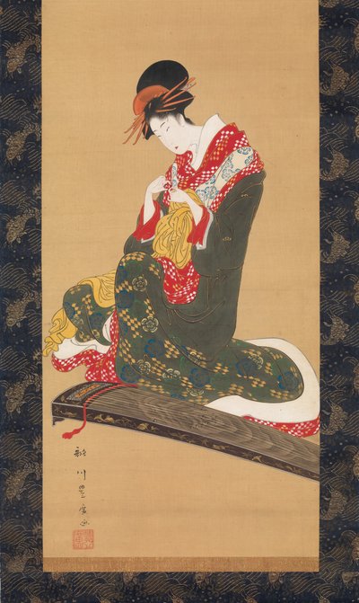 Frau, die Fingerplektren anlegt, um die Koto zu spielen, frühes 19. Jahrhundert von Utagawa Toyohiro